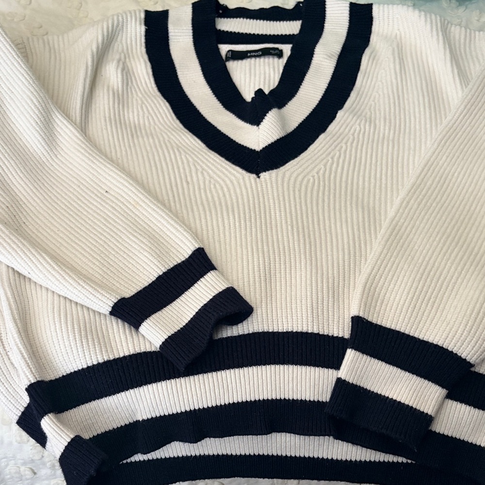 Mango Black and White V-Neck Sweater